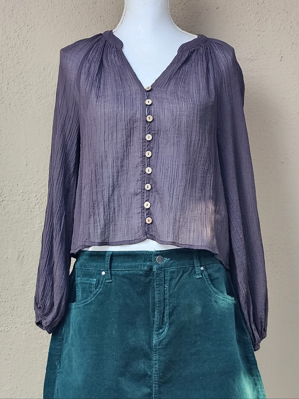 Free People Dusty Plum Peasant Top W/ Cork Buttons + Bishop Sleeves Size XS